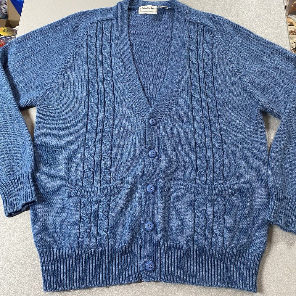 Vtg Wool Blend Grandpa Cardigan Sweater Large Blue Brian MacNeil preppy academia